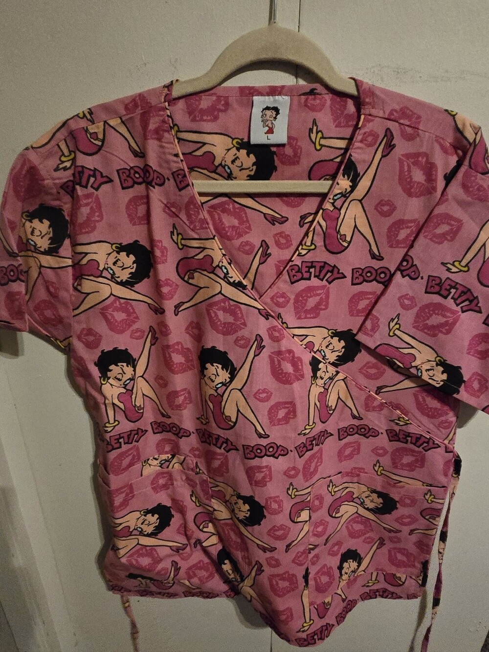 Betty Boop Pink Allover Print V-Neck Scrub Top